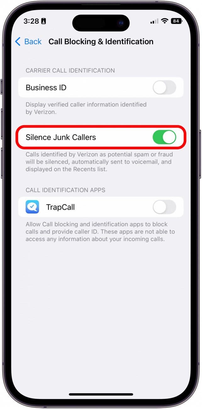 Toggle Silence Junk Callers on. It will be green when enabled. 