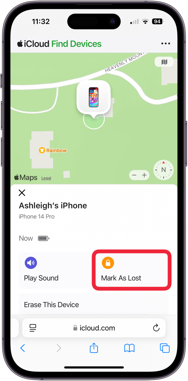 Tap Mark as Lost to activate Lost mode.