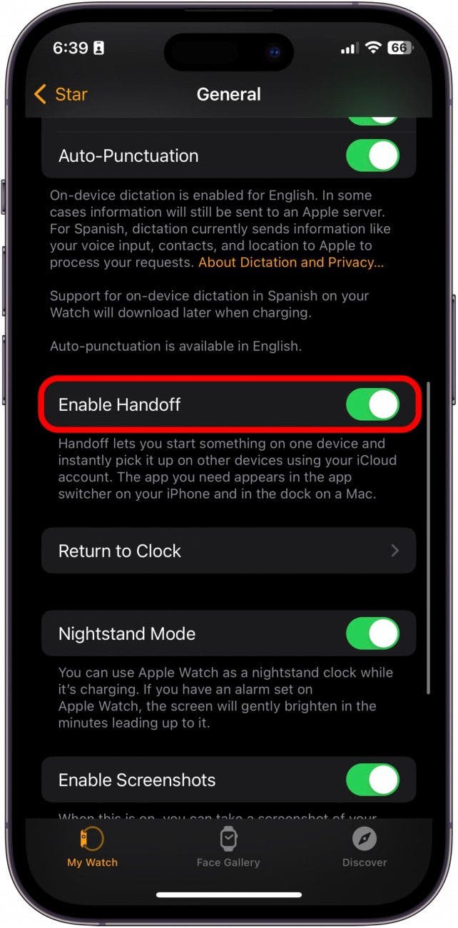 Toggle Enable Handoff to on. It will be green when enabled.