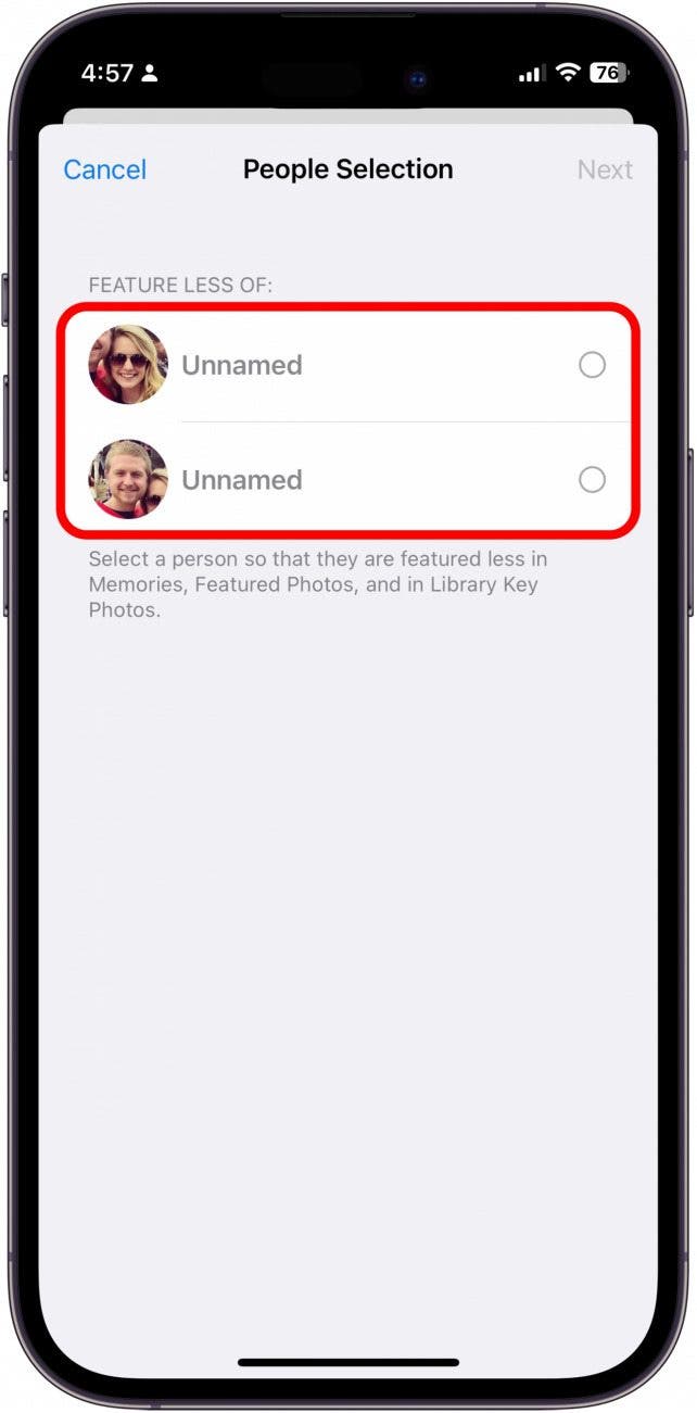 If there are multiple people in the photo, choose which one to feature less and tap Next.
