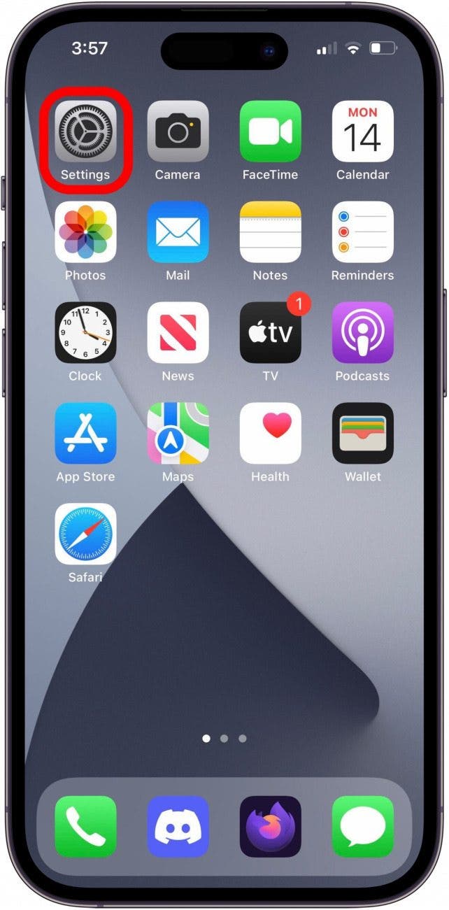Home screen with Settings app marked.