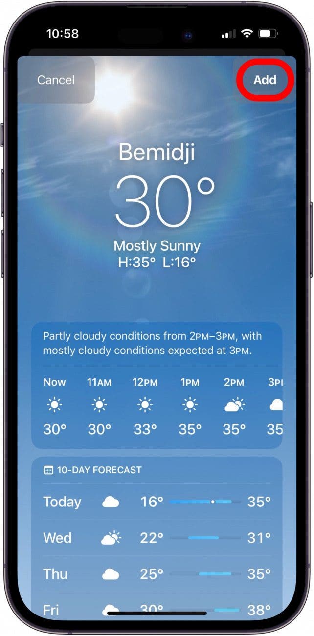 how to add location to weather app iphone tap add