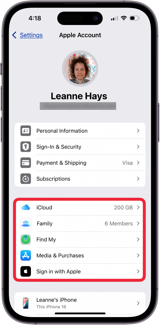 icloud services in iphone settings
