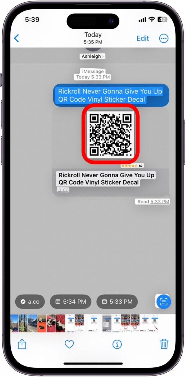 touch and hold the qr code Press and hold the QR code to bring up the menu of options.
