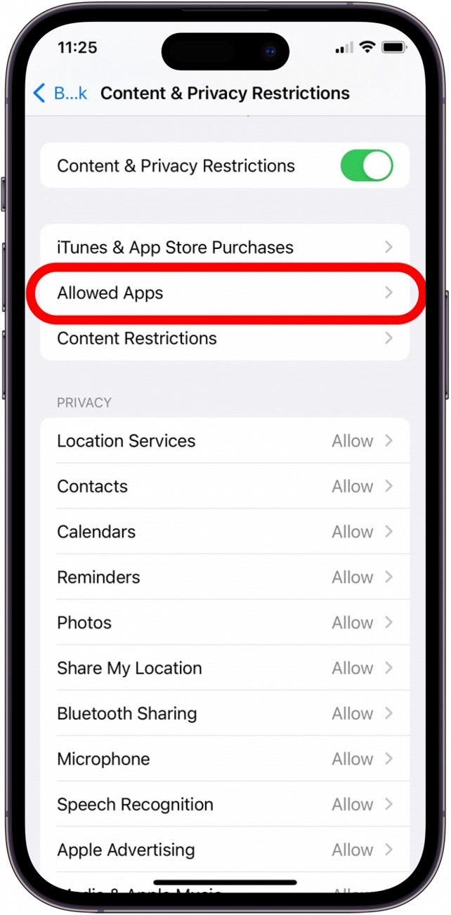 tap allowed apps to see if health app is allowed in app restrictions