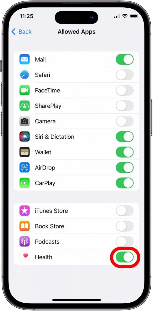 toggle on health in screen time settings to find hidden health app on iphone
