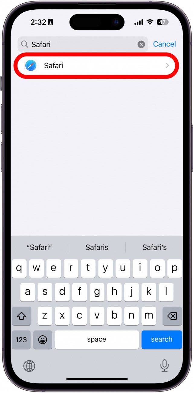 iphone app settings with safari circled in red