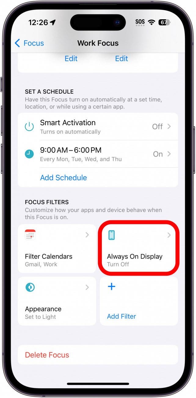 iphone work focus settings with always on display filter circled in red
