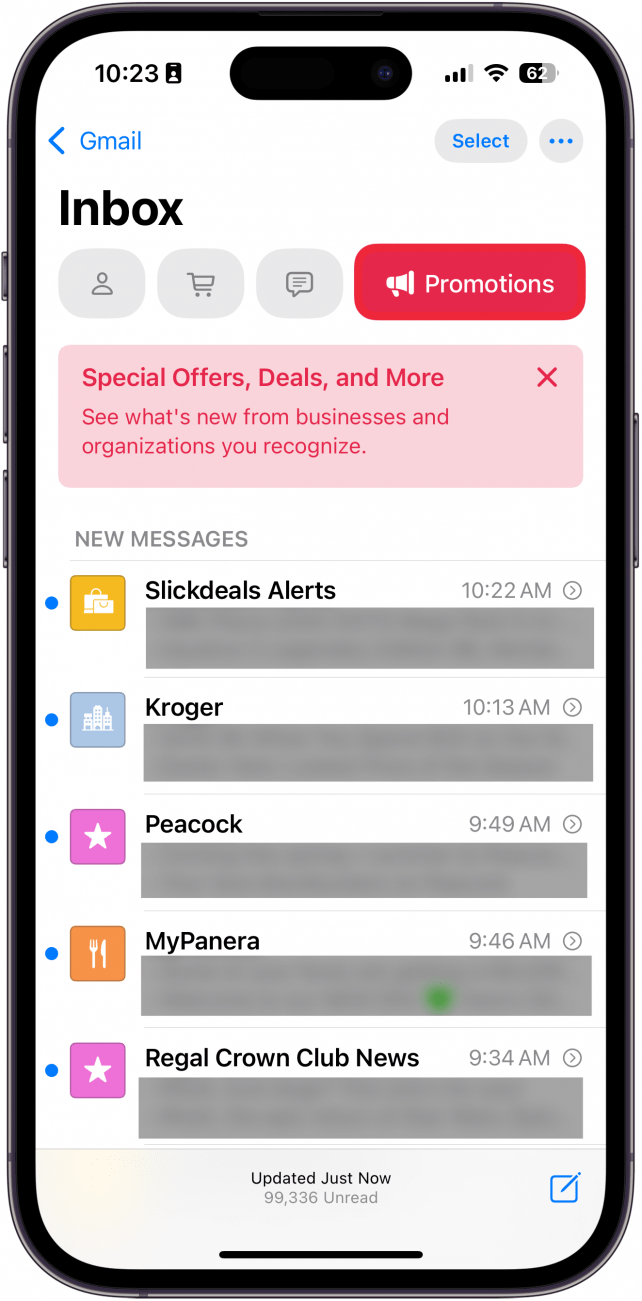 iphone mail app with a red box around promotions