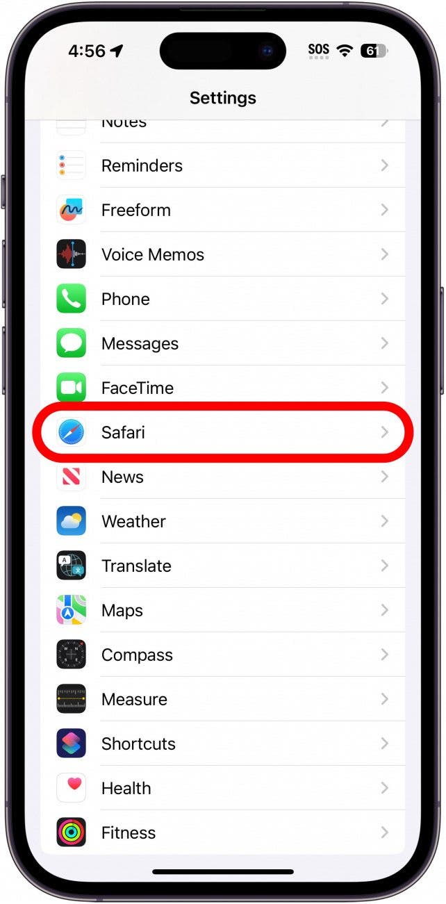 iphone settings with safari circled in red