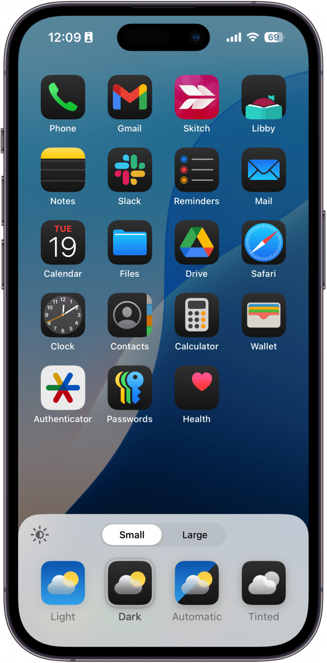 iphone home screen with customization menu open, displaying color options for the app icons