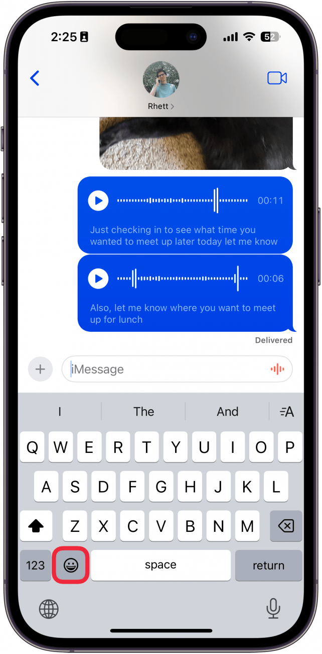 iphone text conversation with a red box around emoji button