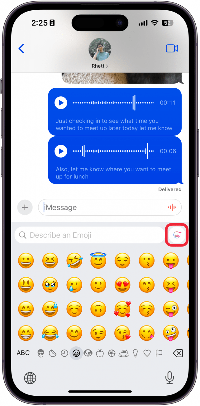 iphone text conversation with a red box around genmoji button