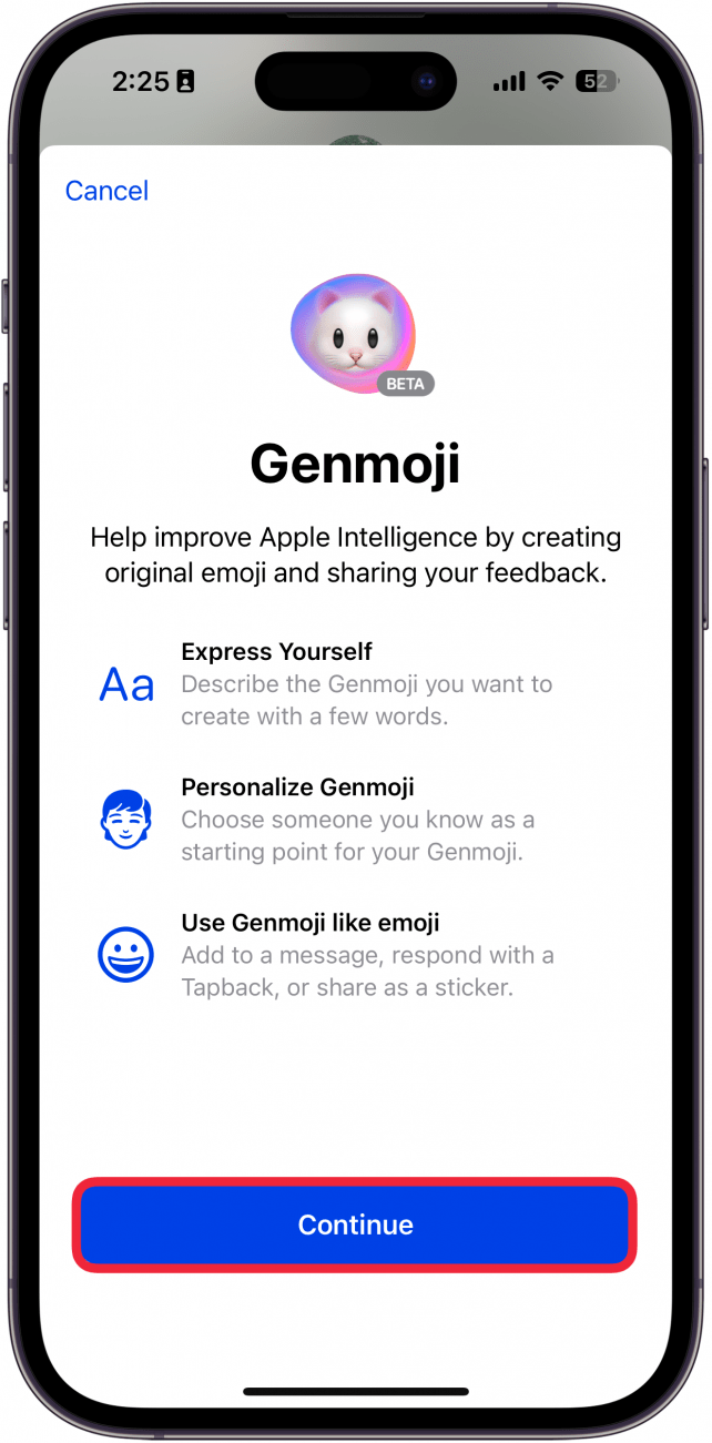 iphone genmoji introduction screen with a red box around continue button