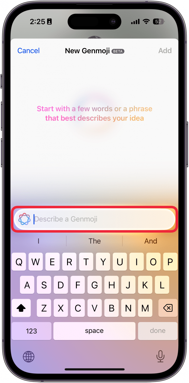 iphone genmoji screen with a red box around text box asking the user to describe an emoji