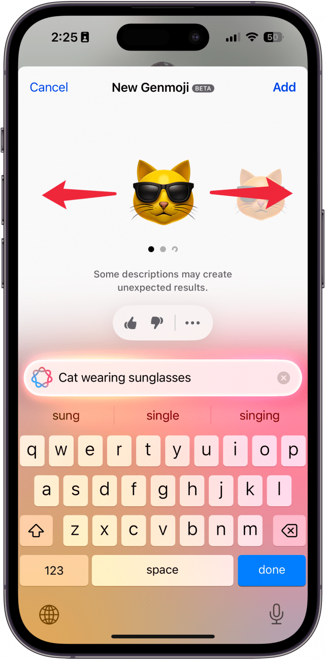 iphone genmoji screen displaying an apple intelligence generated emoji of a cat wearing sunglasses and red arrows point left and right, indicating for the user to swipe left and right