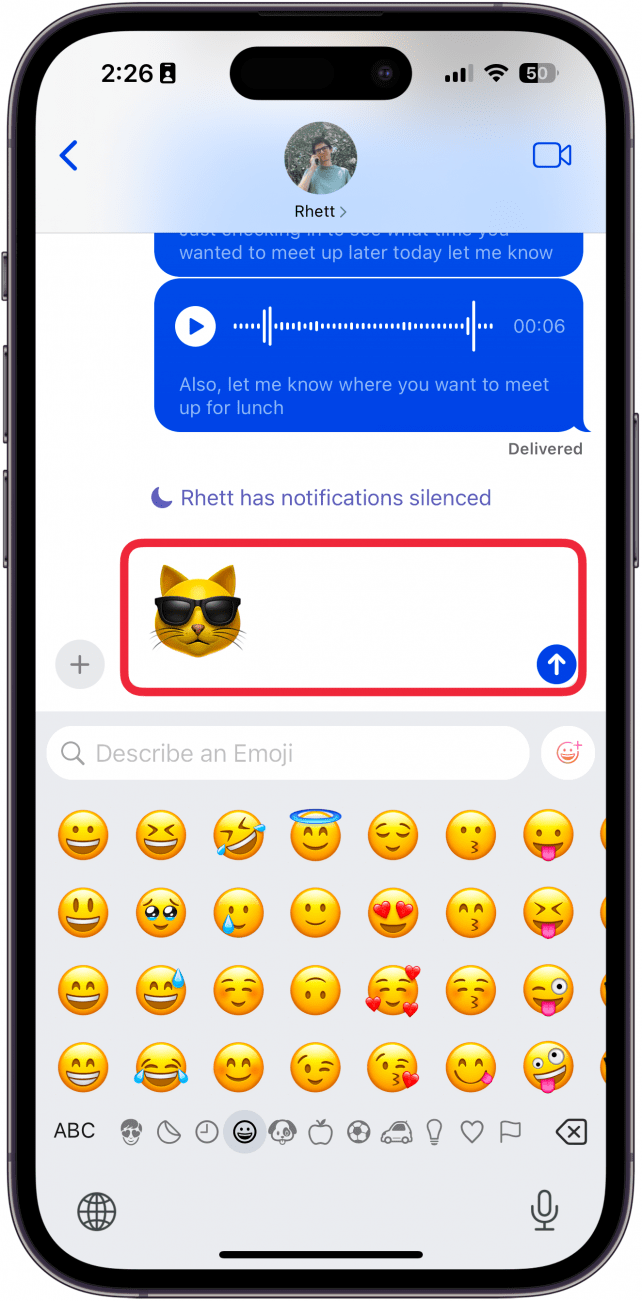 iphone text conversation displaying an apple intelligence generated emoji of a cat wearing sunglasses