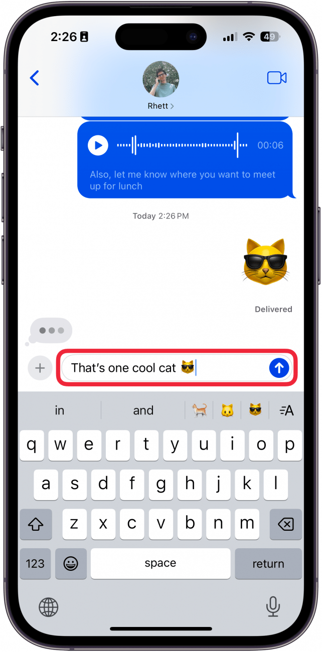 iphone text conversation, with a typed out text reading, "That's one cool cat," and an displaying an apple intelligence generated emoji of a cat wearing sunglasses
