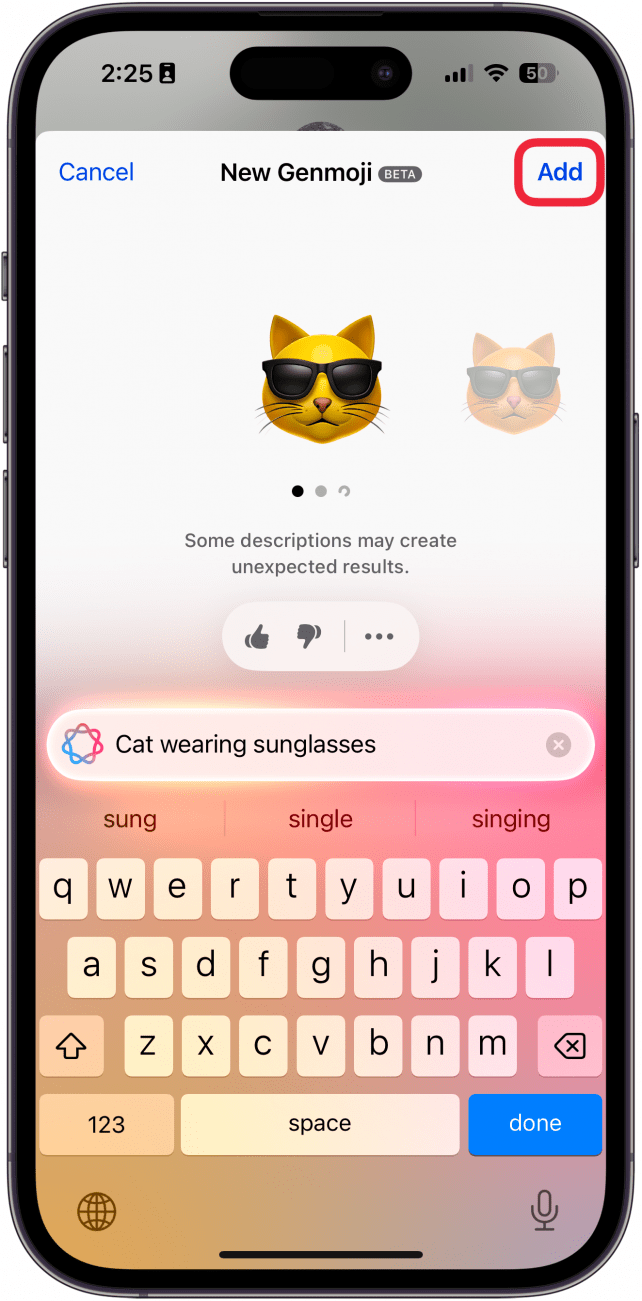 iphone genmoji screen displaying an apple intelligence generated emoji of a cat wearing sunglasses and a red box around the add button