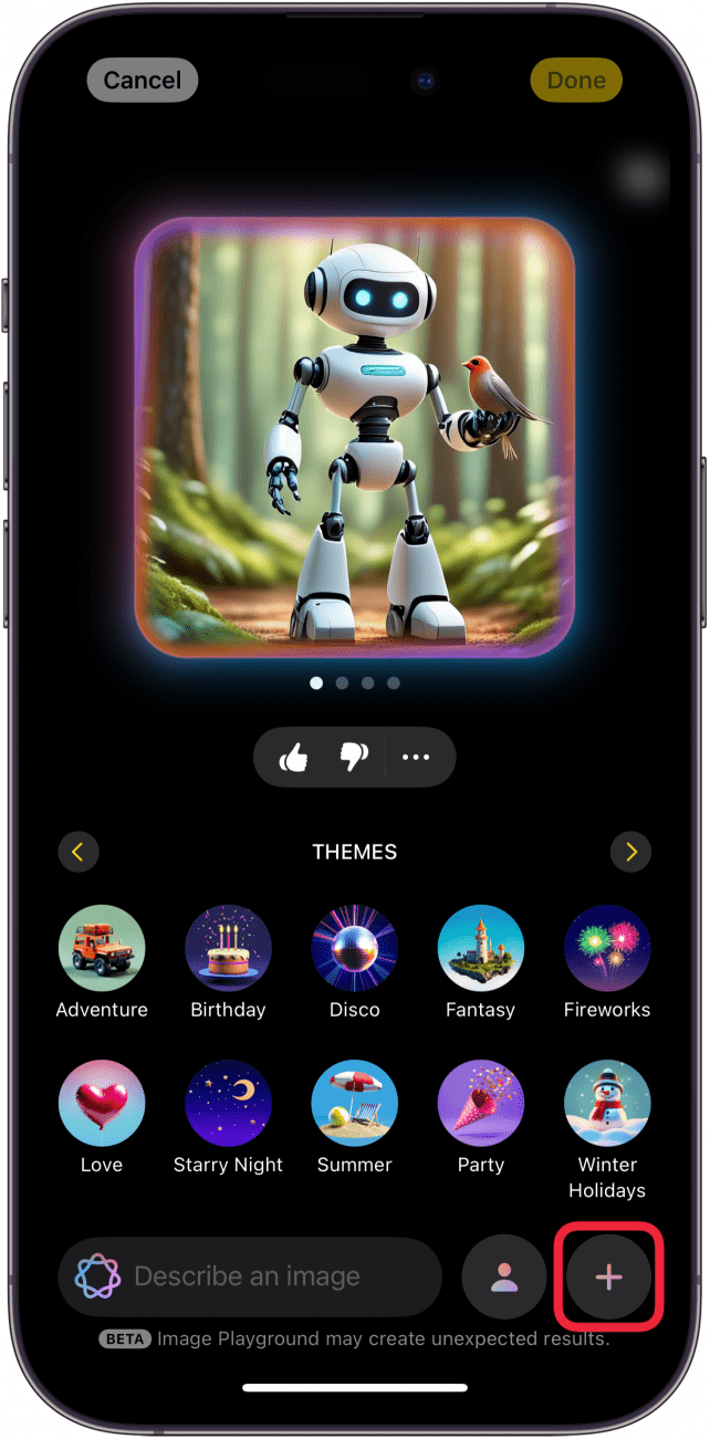 iphone image playground edit screen with a red box around plus icon