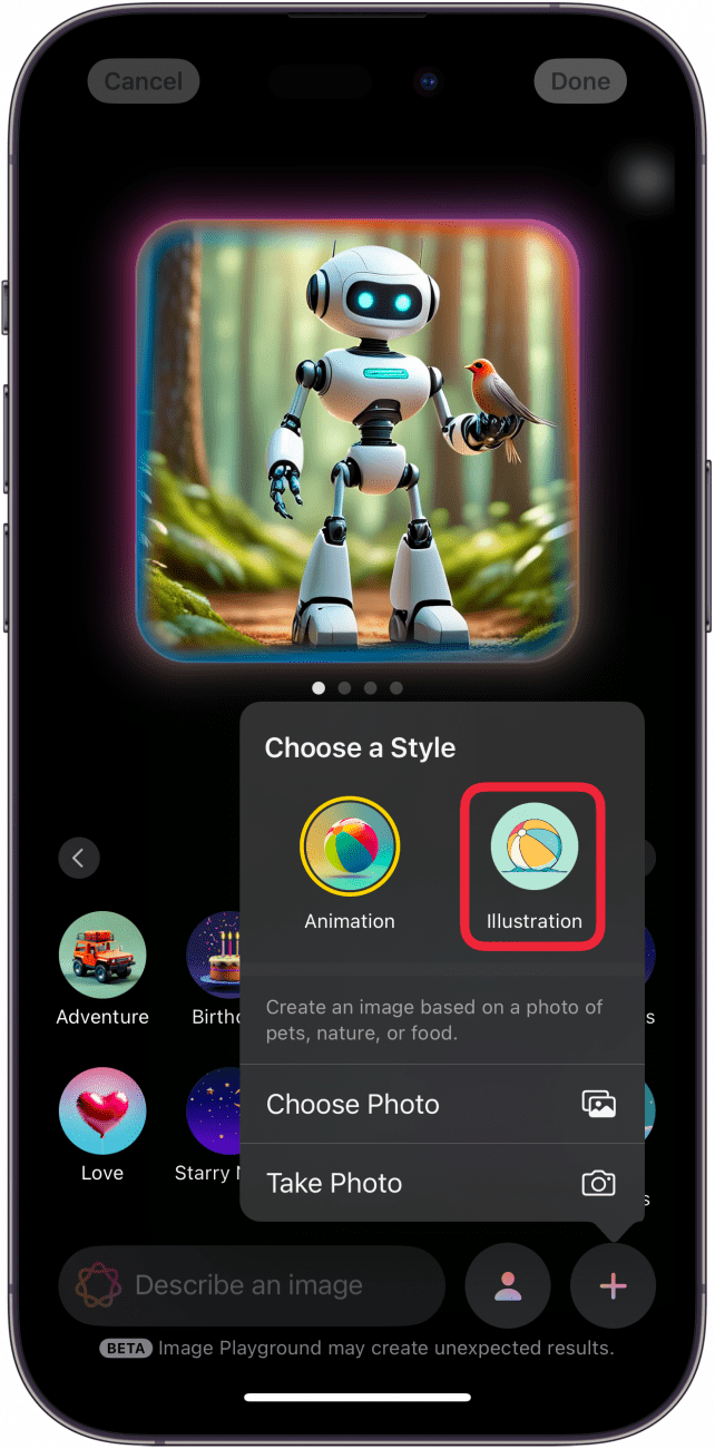 iphone image playground displaying an ai generated image of a robot in the forest with a bird in its hand, and a menu open with options for animation and illustration. there is a red box around the illustration option