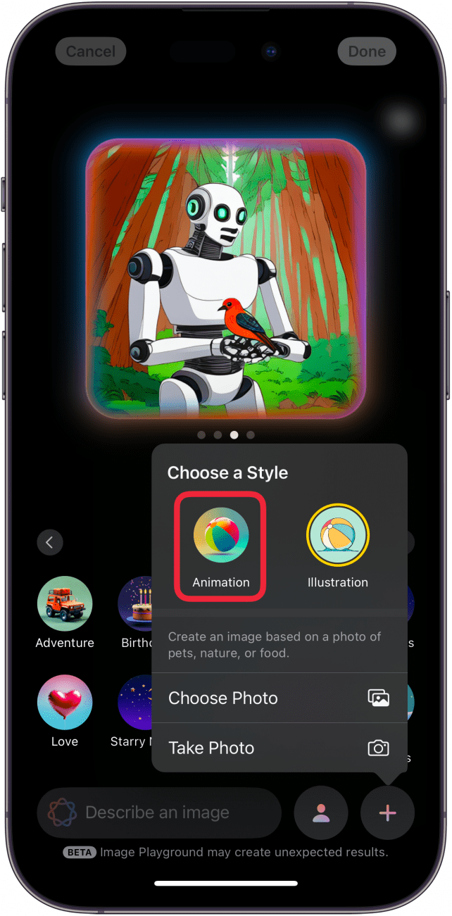 iphone image playground displaying an ai generated image of a robot in the forest with a bird in its hand, and a menu open with options for animation and illustration. there is a red box around the animation option
