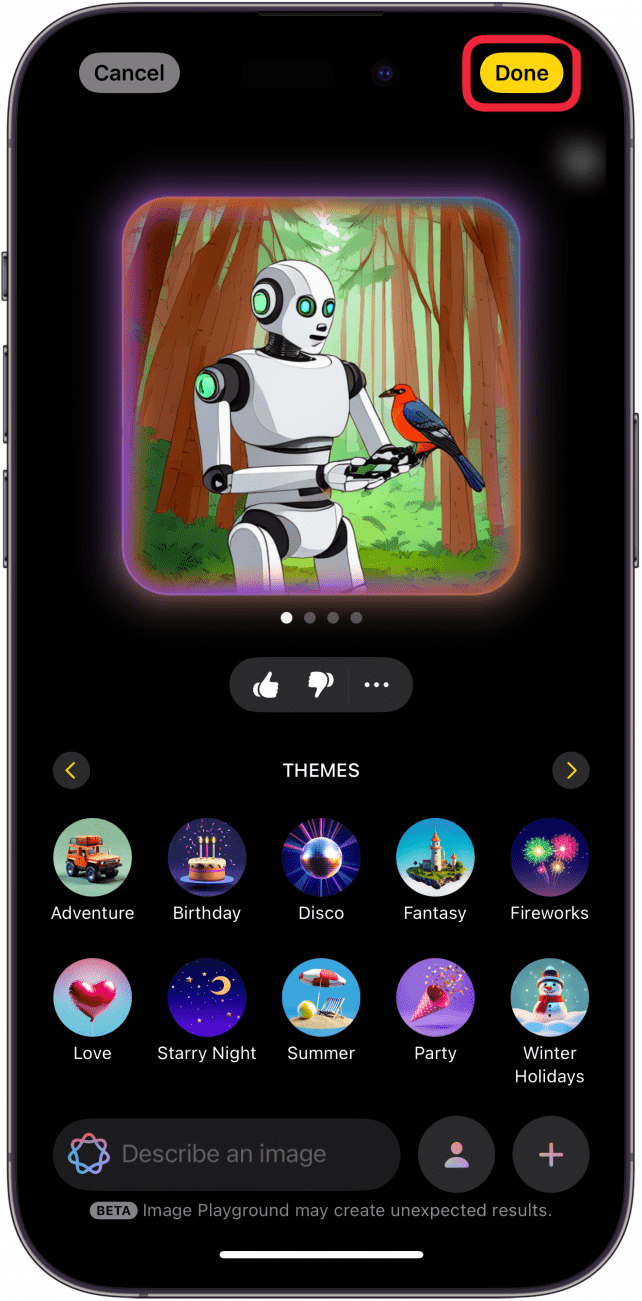 iphone image playground displaying an ai generated illustration of a robot in the forest with a bird in its hands, and a red box around the done button