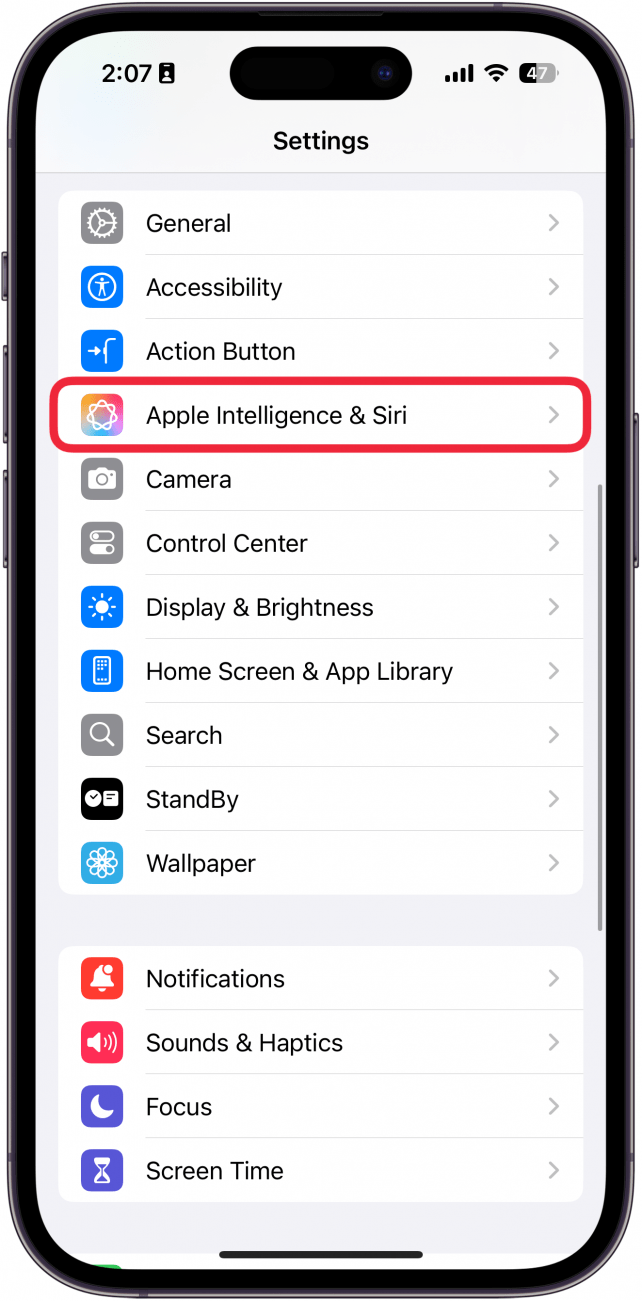 iphone settings app with a red box around apple intelligence and siri