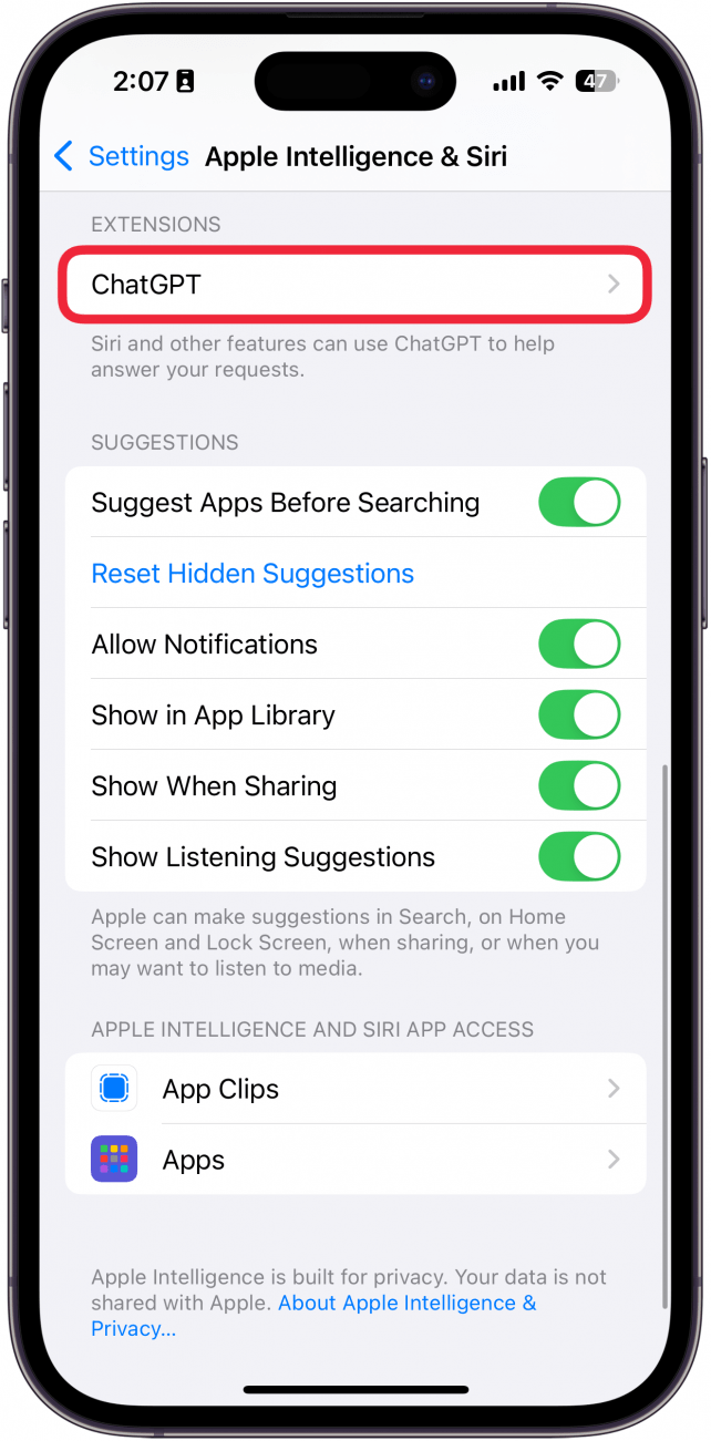 iphone apple intelligence and siri settings a red box around chatgpt