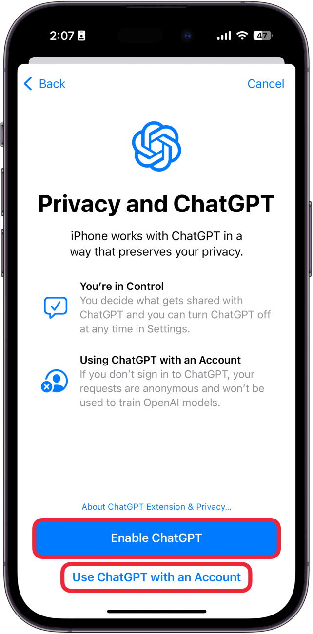 iphone chatgpt setup with a red box around enable chatgpt