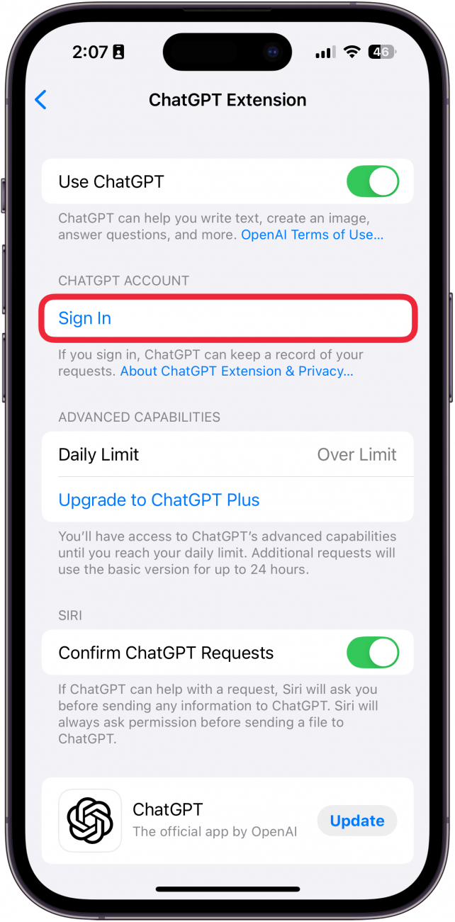 iphone chatgpt settings with a red box around sign in button