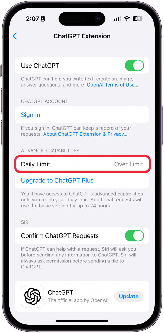 iphone chatgpt settings with a red box around daily limit
