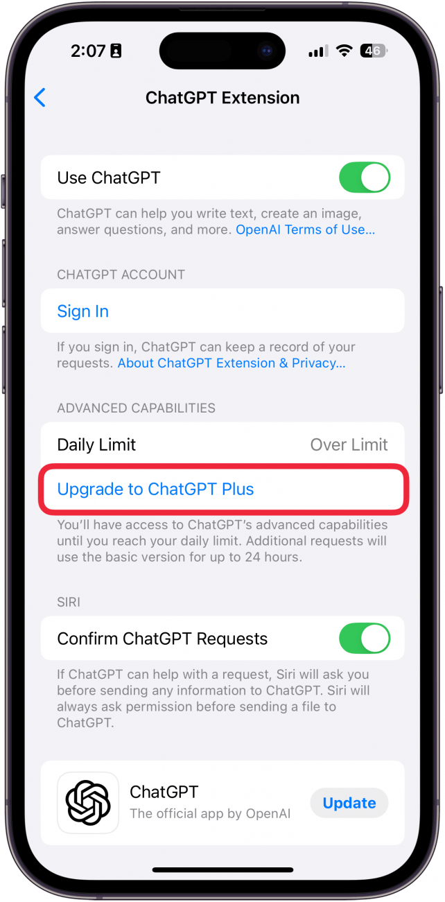 iphone chatgpt settings with a red box around upgrade to chatgpt plus button