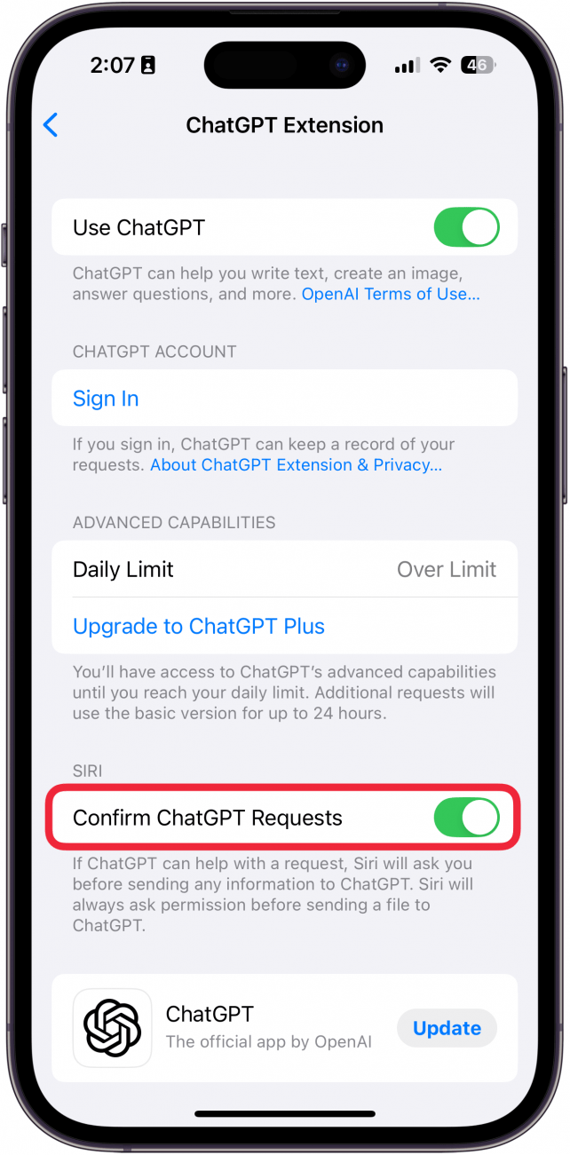 iphone chatgpt settings with a red box around confirm chatgpt requests