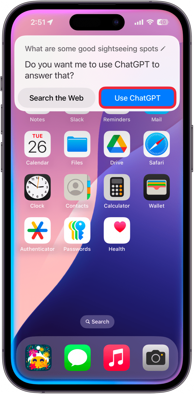 iphone home screen displaying siri ui and a pop up asking if the user wishes to use chatgpt to fulfill their request or search the web, with a red box around use chatgpt