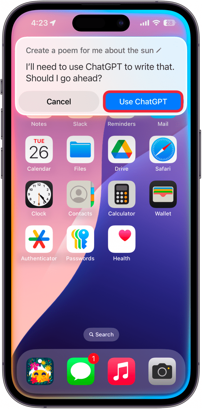 iphone home screen displaying siri ui with a pop up prompting the user to use ChatGPT to complete the request, with a red box around the use chatgpt button