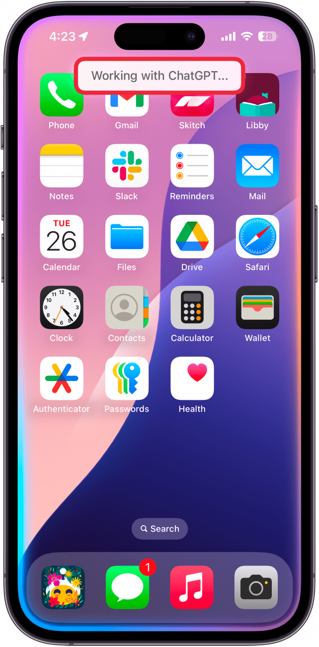iphone home screen displaying siri ui with a red box around a pop up that says, "Working with ChatGPT..."