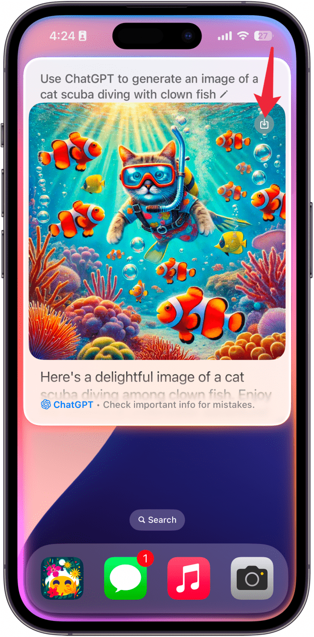 iphone home screen displaying siri ui, as well as an AI generated image, and a red arrow pointing at the save image button