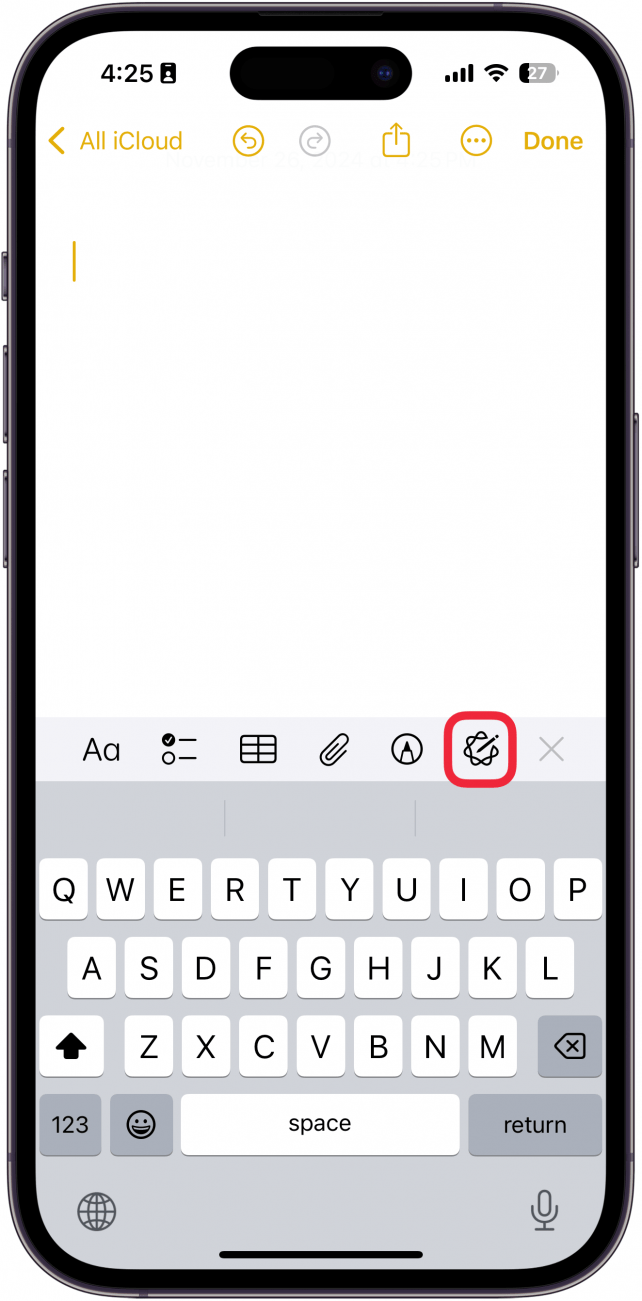 iphone notes app with a red box around the apple intelligence icon