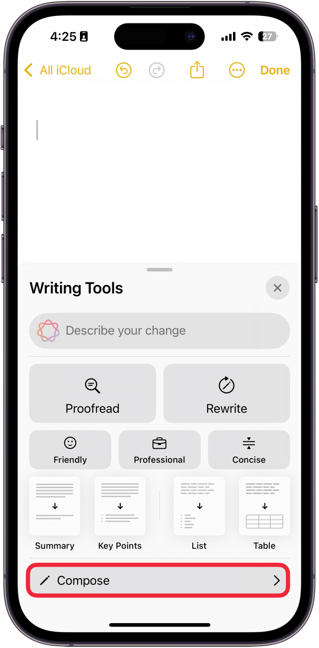iphone notes app displaying writing tools menu with a red box around compose button