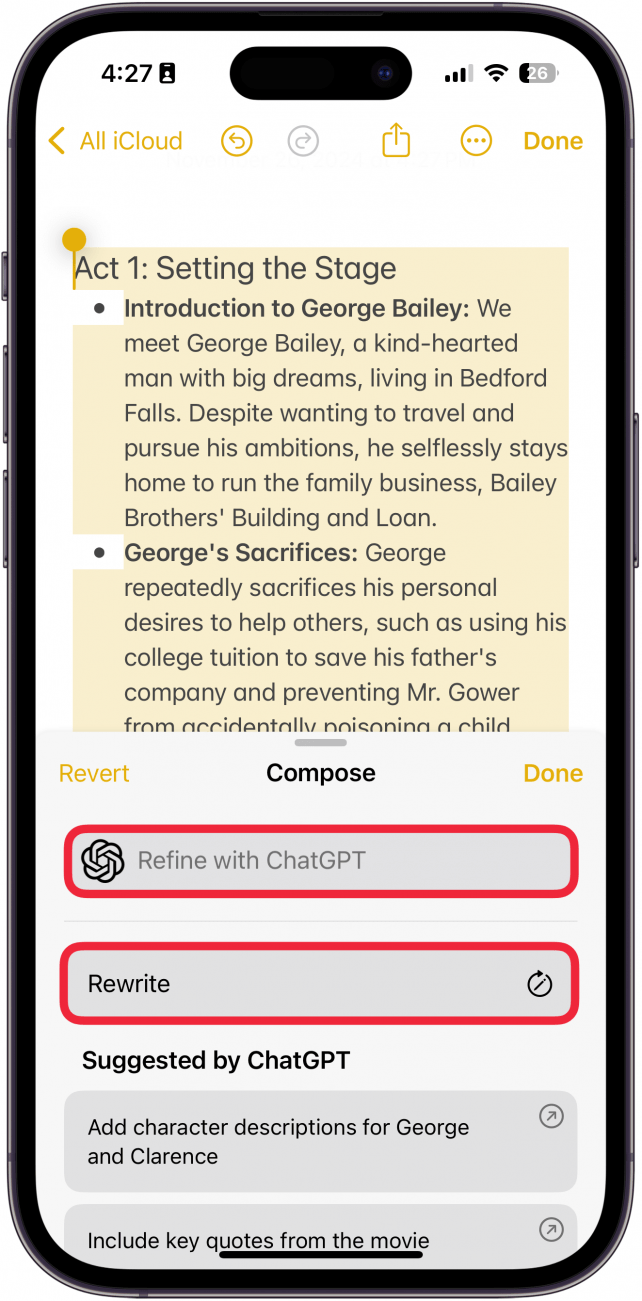 iphone notes app with an ai generated movie summary, with the chatgpt menu below it and two red boxes; one is around refine with ChatGPT and one around rewrite