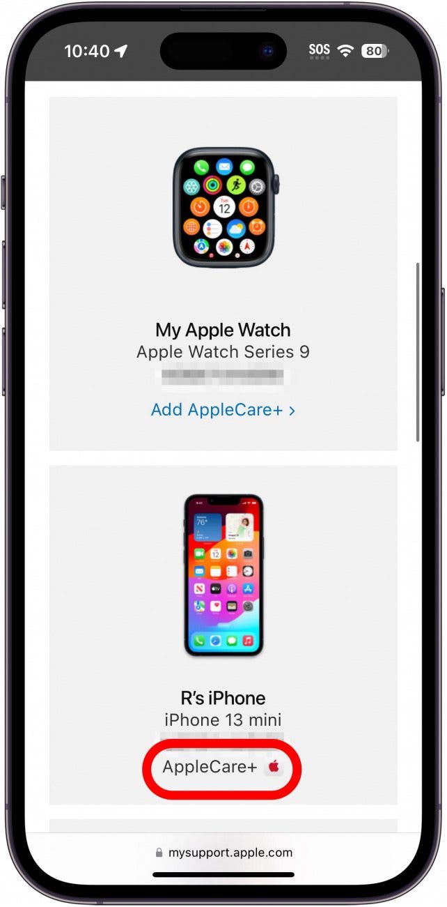 iphone safari webpage mysupport.apple.com displaying a list of devices with applecare icon circled in red