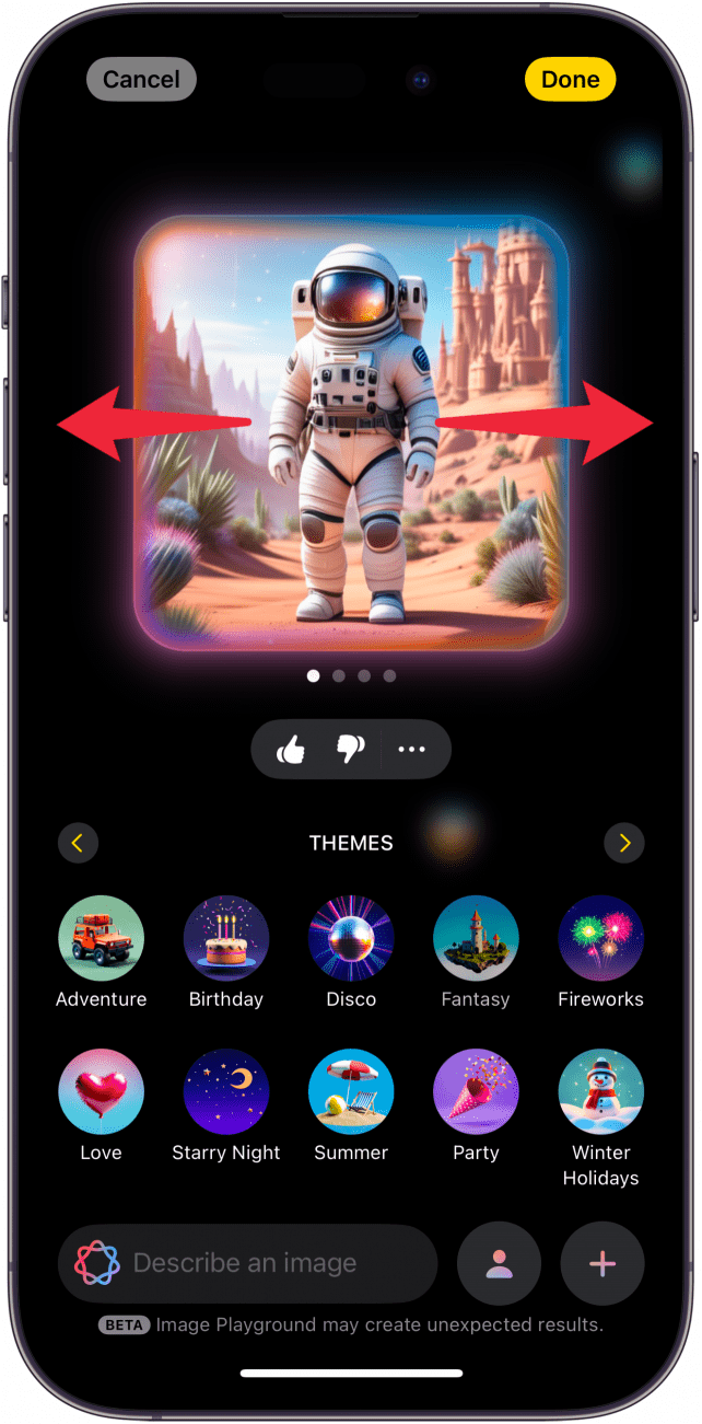 iphone image playground with red arrows pointing left and right, indicating for the user to swipe left or right