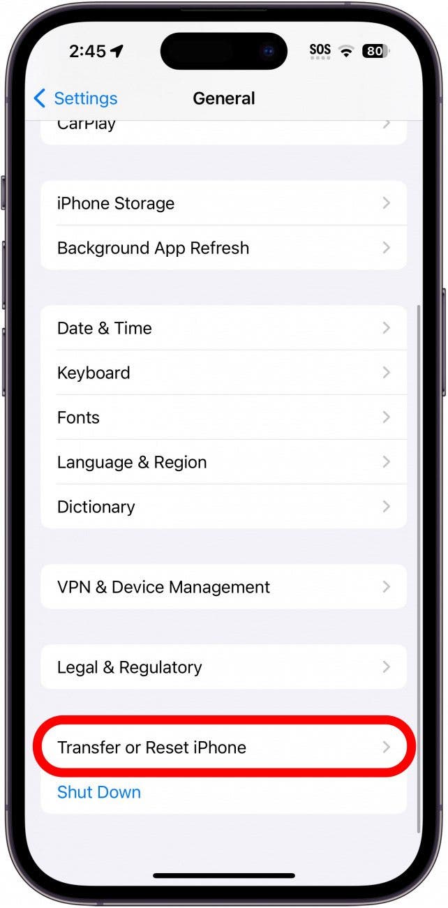 iphone general settings with transfer or reset iphone circled in red