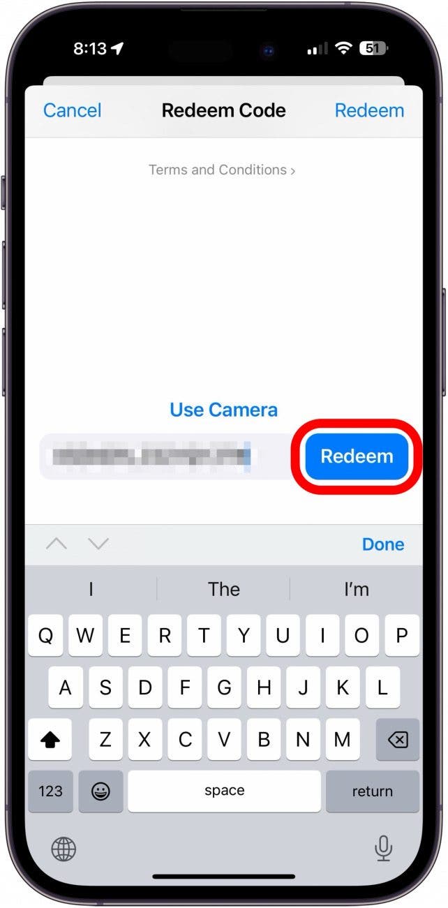 app store code redeem screen a code entered into the text entry field and a red circle around the redeem button app store code redeem screen a code entered into the text entry field and a red circle around the redeem button