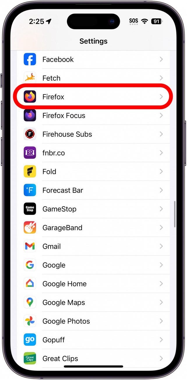iphone settings app showing a list of installed apps with a red box around Firefox