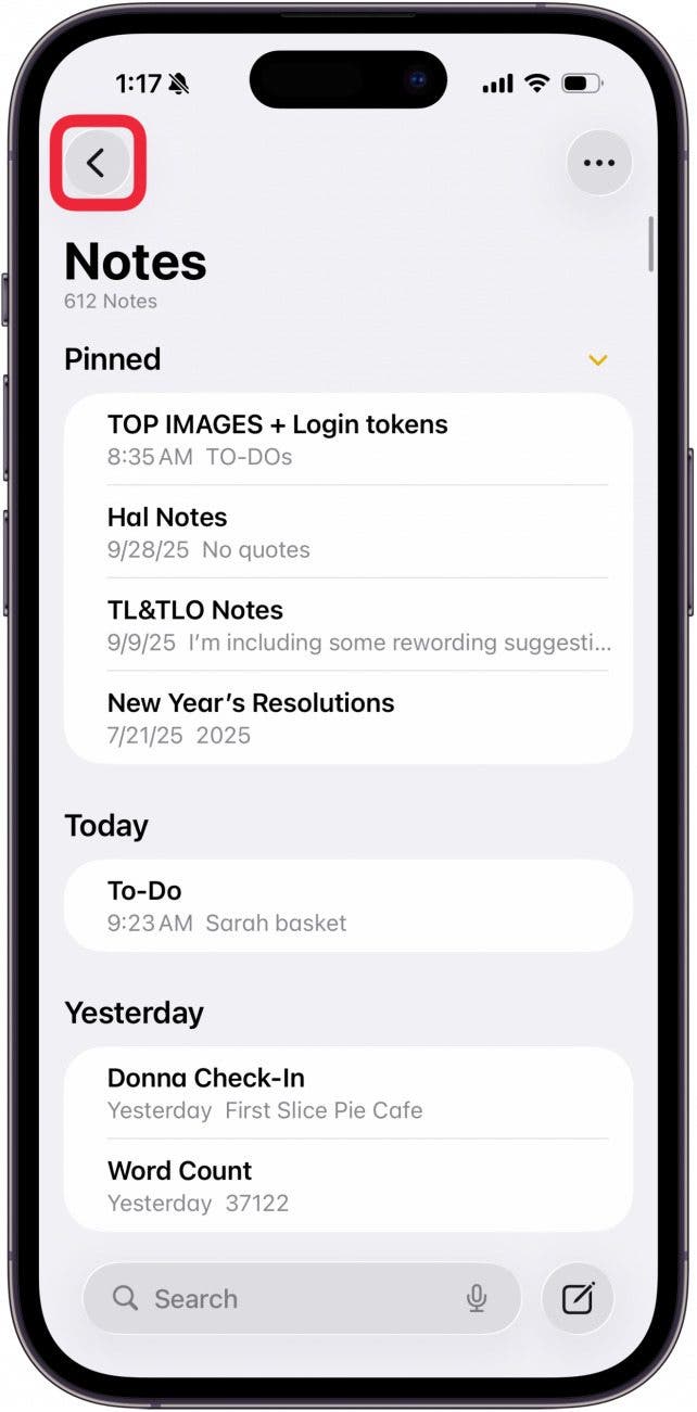 Tap the back button to navigate to Folders