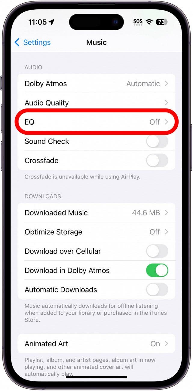 iphone music settings with eq circled in red