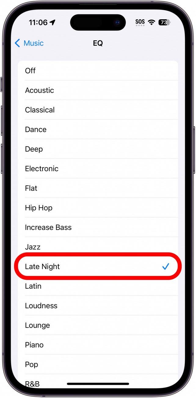 iphone eq music settings with late night option circled in red
