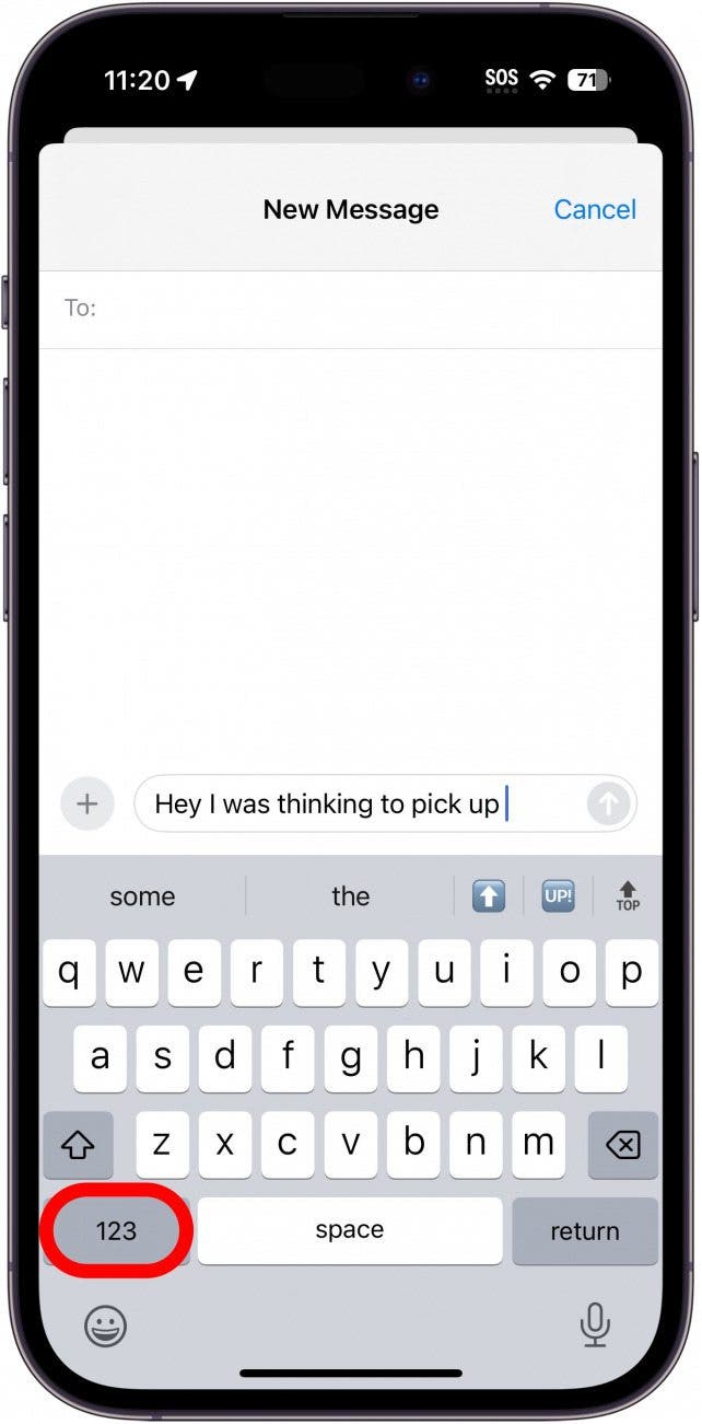 iphone text screen displaying keyboard with 123 button circled in red